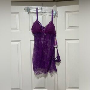 Shirley of Hollywood Purple Lace Trim Sheer Babydoll Lingerie Nightie USA  Sz M